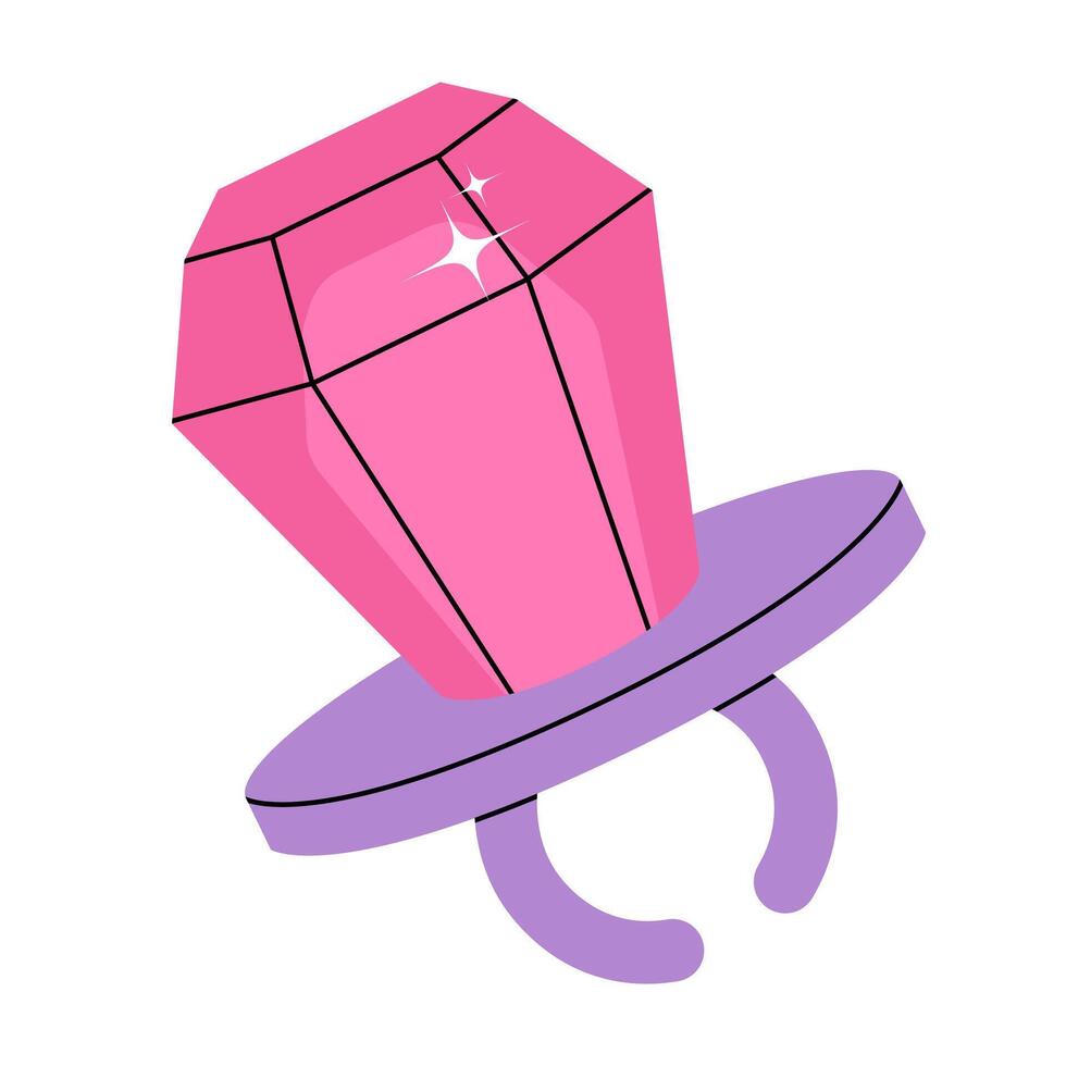 Stylish pink candy gem ring with a glossy purple base. Pop style of the 90s. Isolated on white background. Retro style, girly accessories, early 2000s Millennium aesthetic. Y2k element for posters. vector