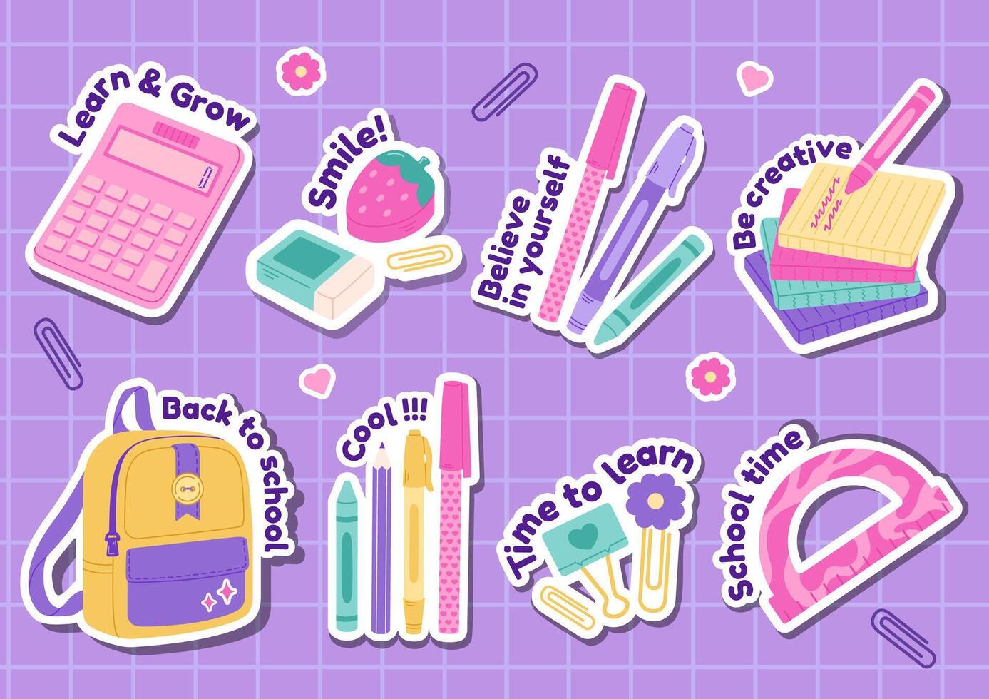 Set of school stickers for planners and diaries. Cute sticker pack with school stationery and motivational quotes. Back to school trendy set with positive phrases like Cool, Be creative, and more. vector