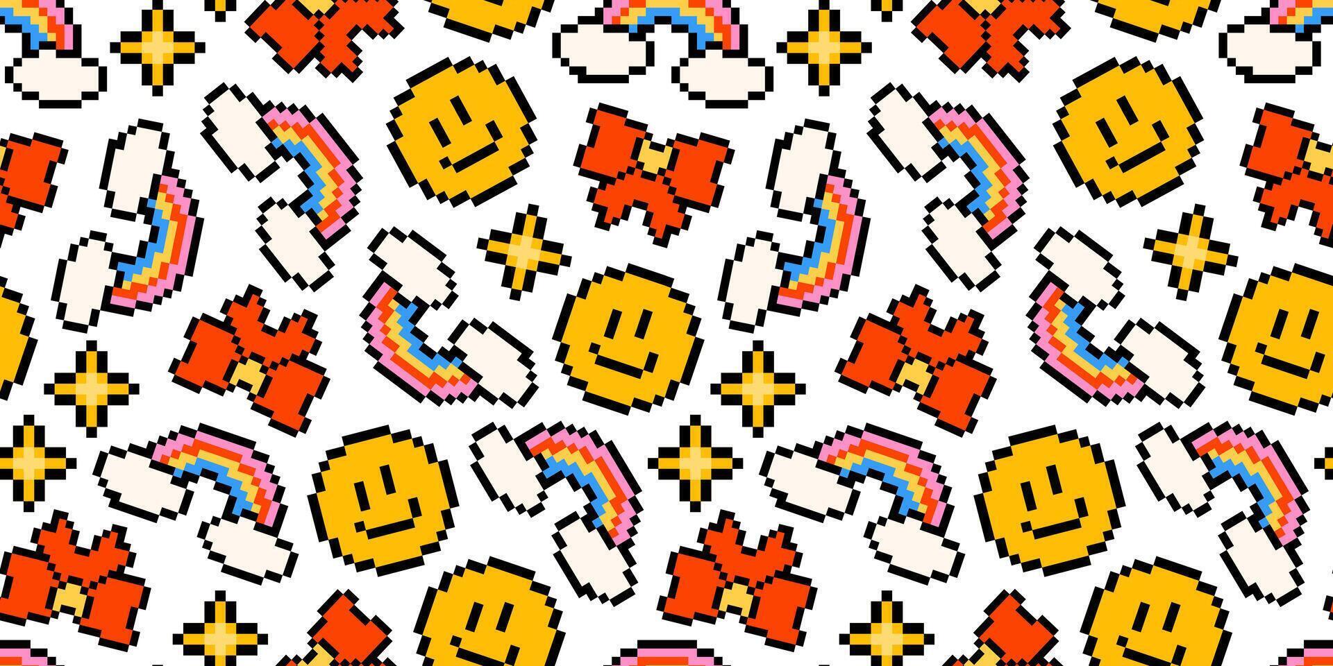 Pixel art pattern with retro emojis, rainbows, stars, and smiley faces. Vintage 8bit background. Old style. 80s, and 90s game object . Backdrop design for textiles, and scrapbooking. vector