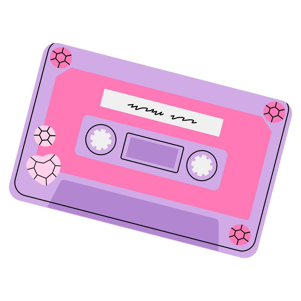 Retro pink and purple cassette tape with decorative heart-shaped gems. A nostalgic symbol of the Y2K era, perfect for designs inspired by 90s and 2000s fashion, music, and vintage aesthetics. vector