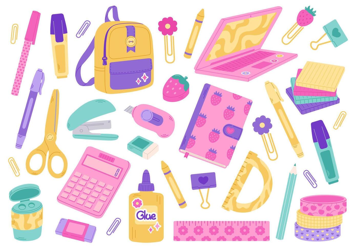 School supplies isolated on white background. Back to school. Education workspace accessories Backpack, book, ruler, pen, pencil, calculator, brushes, glue, stickers, paper clip, and stapler. vector