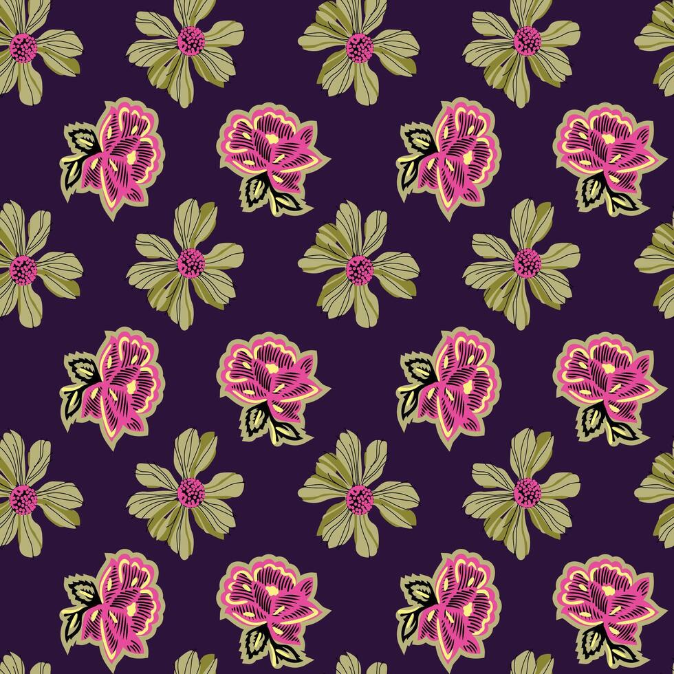 a pattern with pink flowers on purple background vector