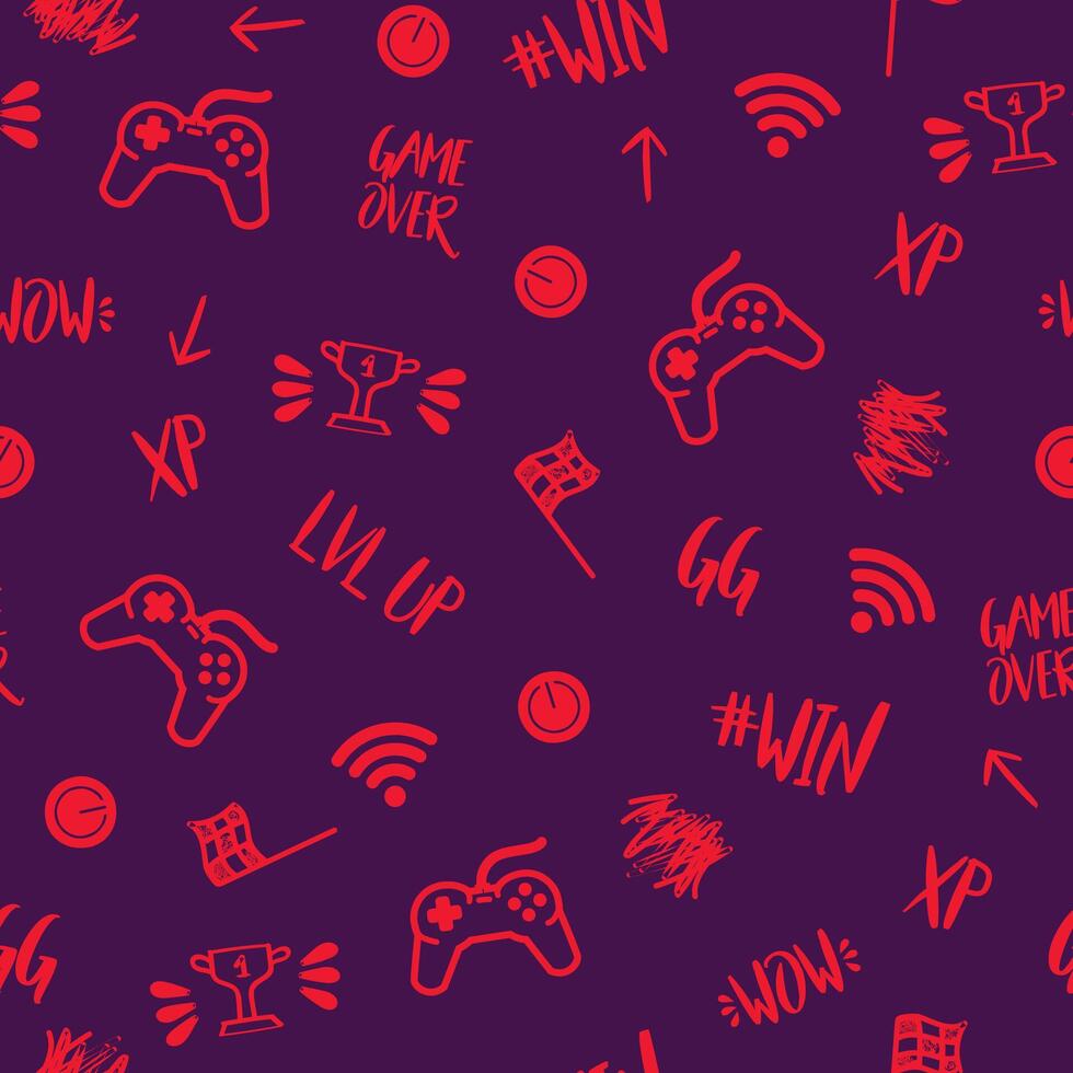 Gaming-themed seamless texture with game controllers and game elements vector