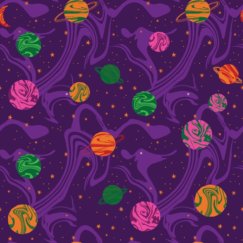 a purple and green pattern with planets and stars vector