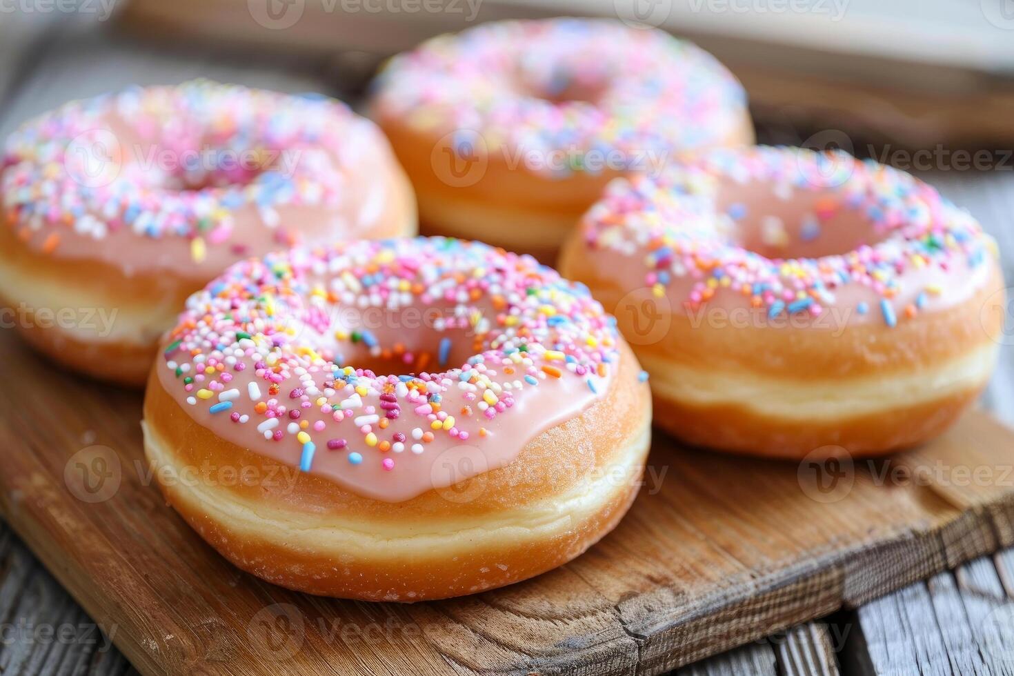 Delicious pink glazed donuts with colorful sprinkles resting on wooden board photo