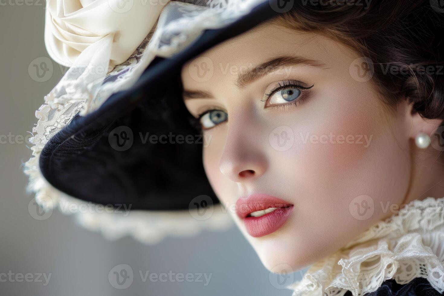 Elegant woman wearing vintage hat and lace collar posing for portrait photo