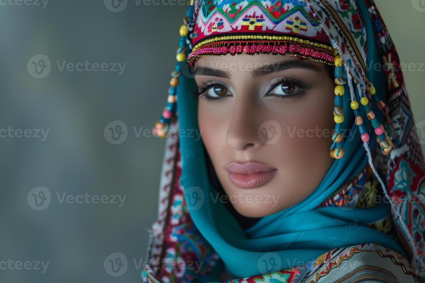 Studio portrait of beautiful middle eastern woman wearing traditional headdress and clothes photo