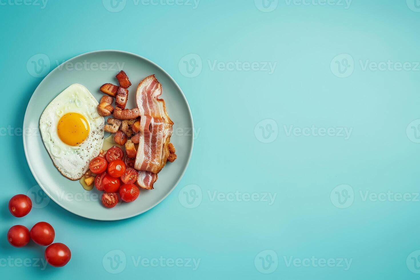 Delicious breakfast with fried egg, bacon, tomatoes and croutons on turquoise background photo