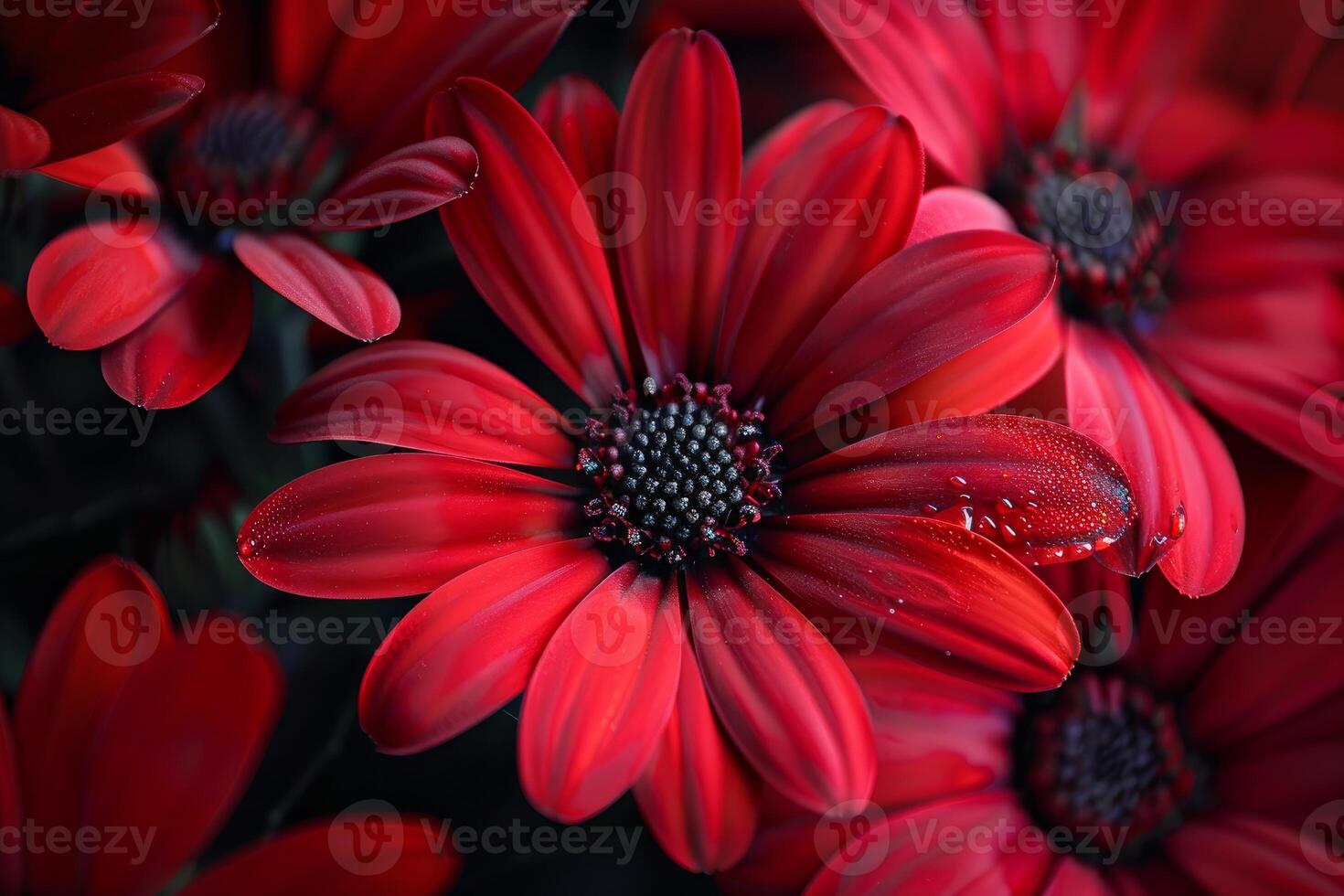 Vibrant red daisy flowers blooming with water droplets photo