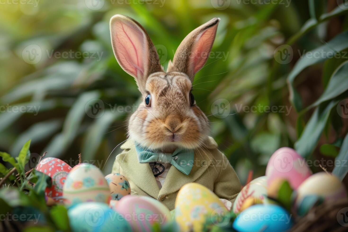 Easter bunny wearing suit and bow tie posing with colorful eggs photo
