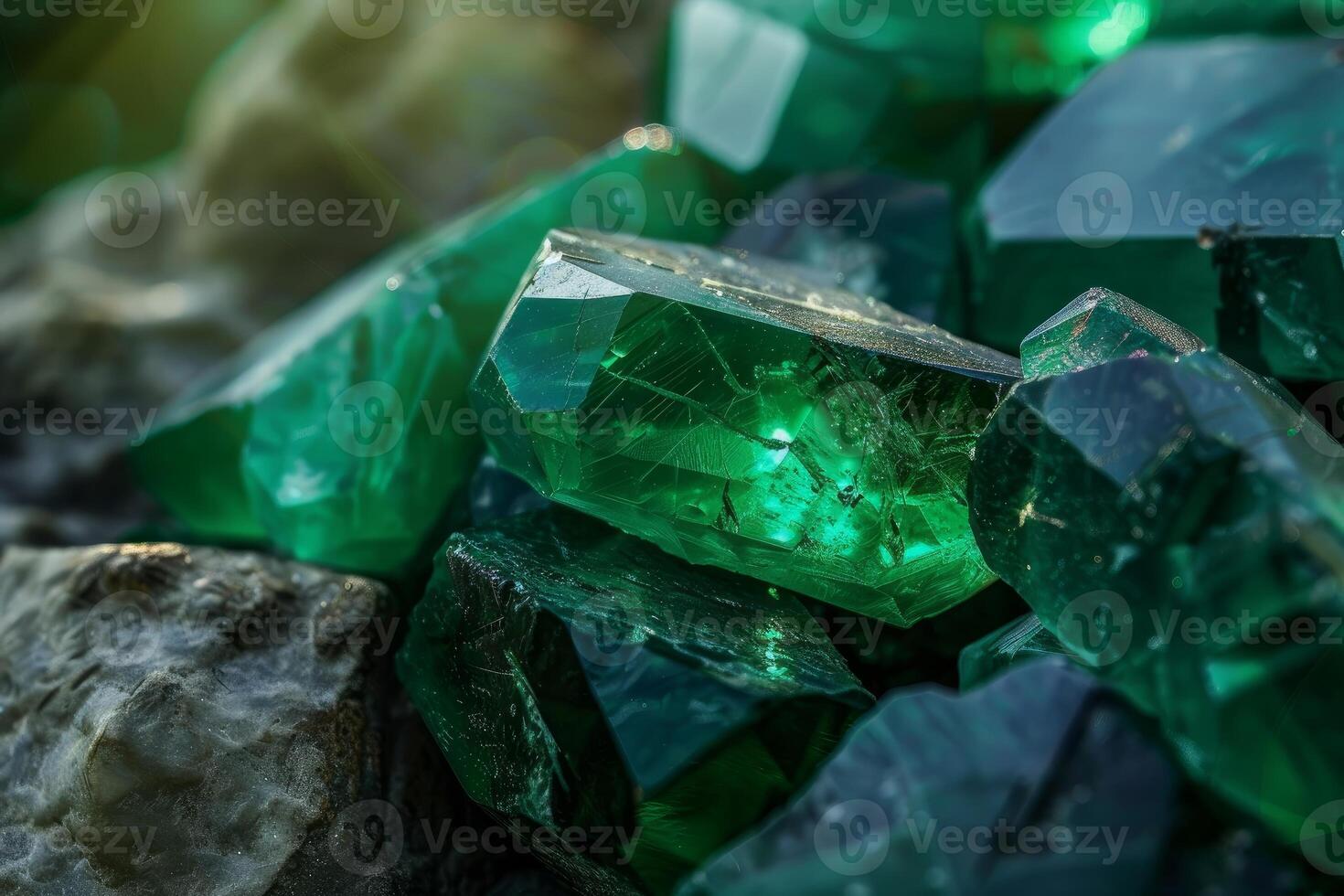 Raw emeralds showing refraction and light refracting through crystal photo