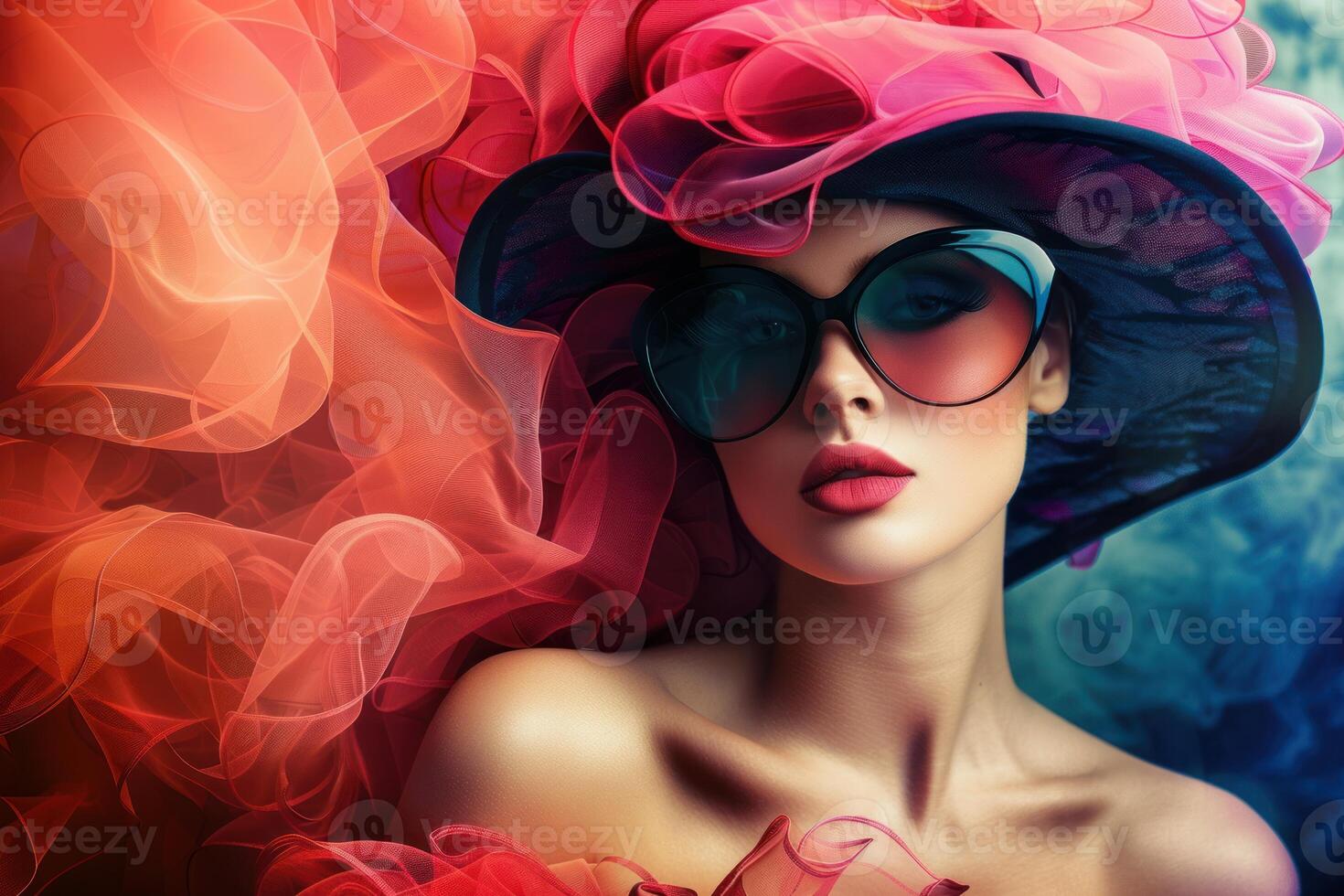 Fashion model posing with colorful hat and sunglasses photo