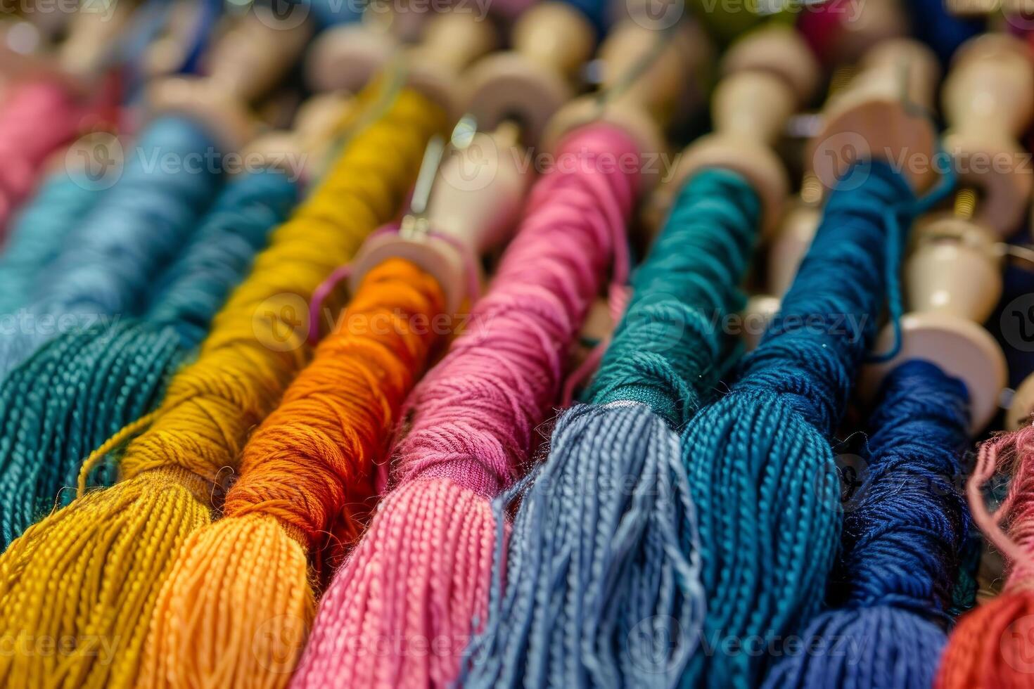 Colorful threads hanging and waiting for sewing project photo