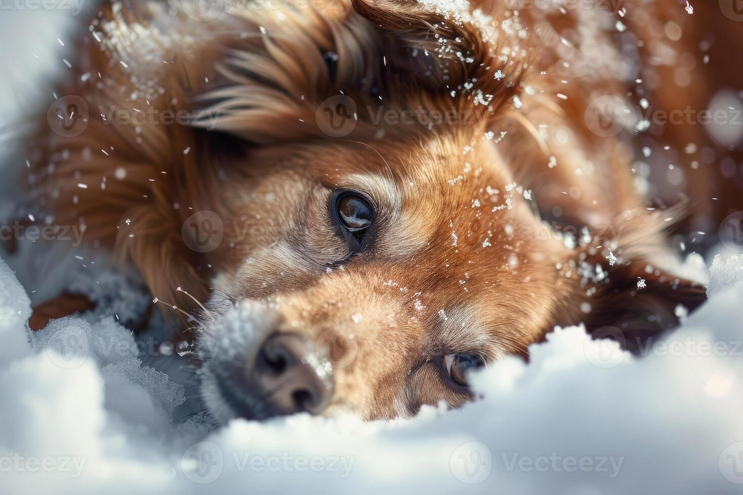 Brown dog lying on snow during winter, photo