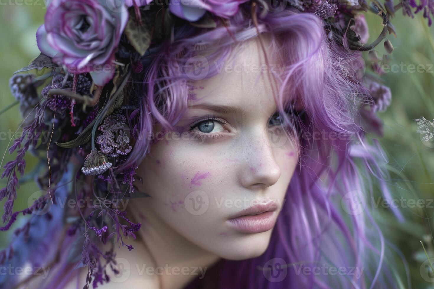 Purple fairy nymph wearing a flower crown in a magical forest photo