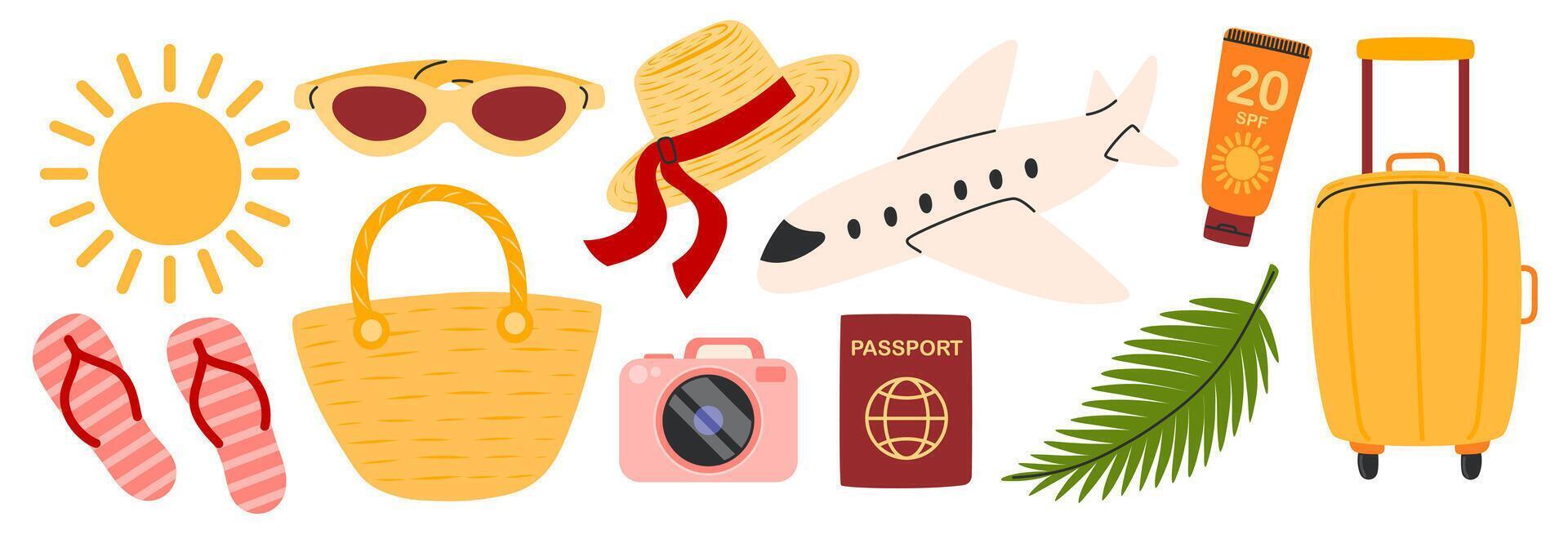 Summer vacation elements. Plane and other journey or trip icon. Flight and travel to sea. Beach summer stickers. Luggage, airplane, suitcase, camera. Hand drawn illustration isolated vector