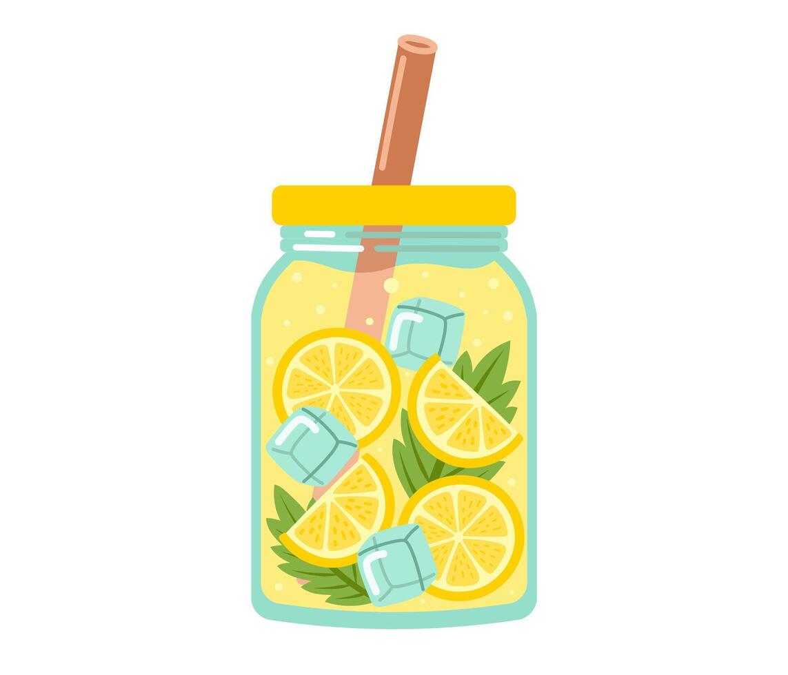 Lemonade. Fresh juicy lemon drink in glass jar, straw, yellow juice, ice cube, mint leaf. Tropic summer cocktail. Hand drawn illustration isolated on white background vector