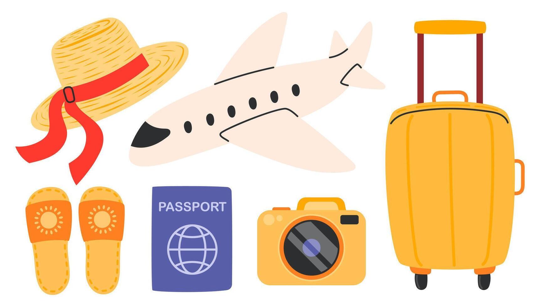 Summer vacation stickers. Luggage, airplane, suitcase, camera. Flight, journey, trip and travel to sea icons. Hand drawn illustration isolated on white background vector