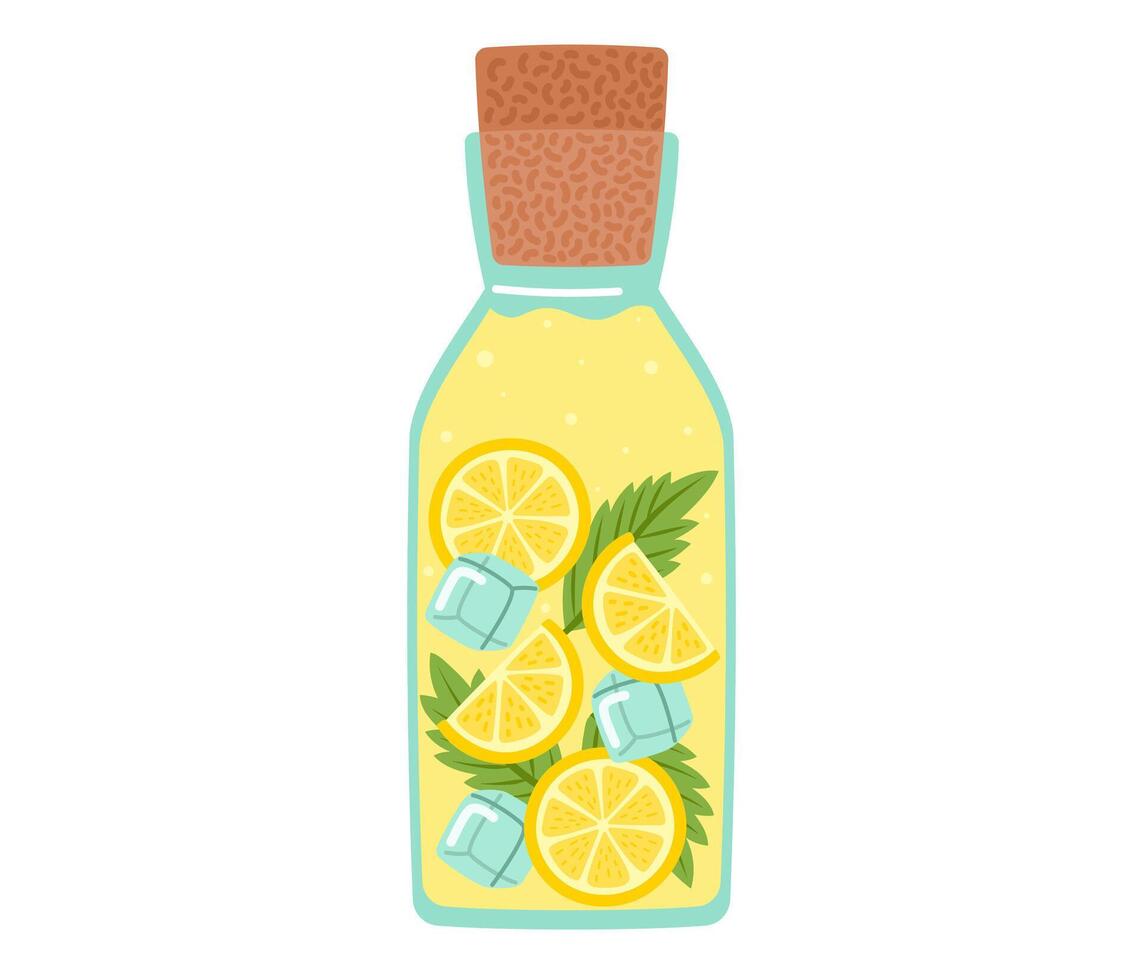 Lemonade. Fresh juicy lemon drink in glass bottle, yellow juice, ice cube, mint leaf. Tropic summer cocktail. Hand drawn illustration isolated on white background vector