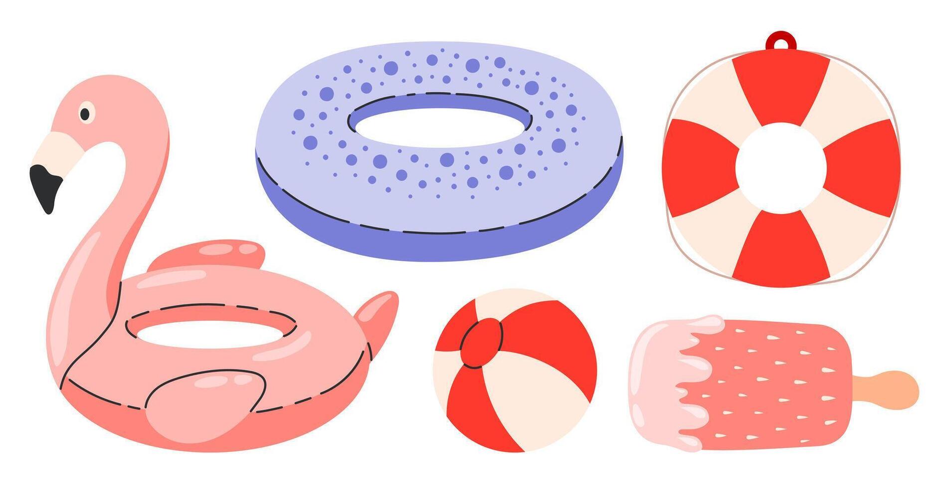Inflatable swimming rings set. Summer holiday in pool or sea. Swim tube, flamingo, ice cream, ball, lifebuoy. Tropical vacation. Rubber toy for water. Beach resort activities. Flat illustration vector