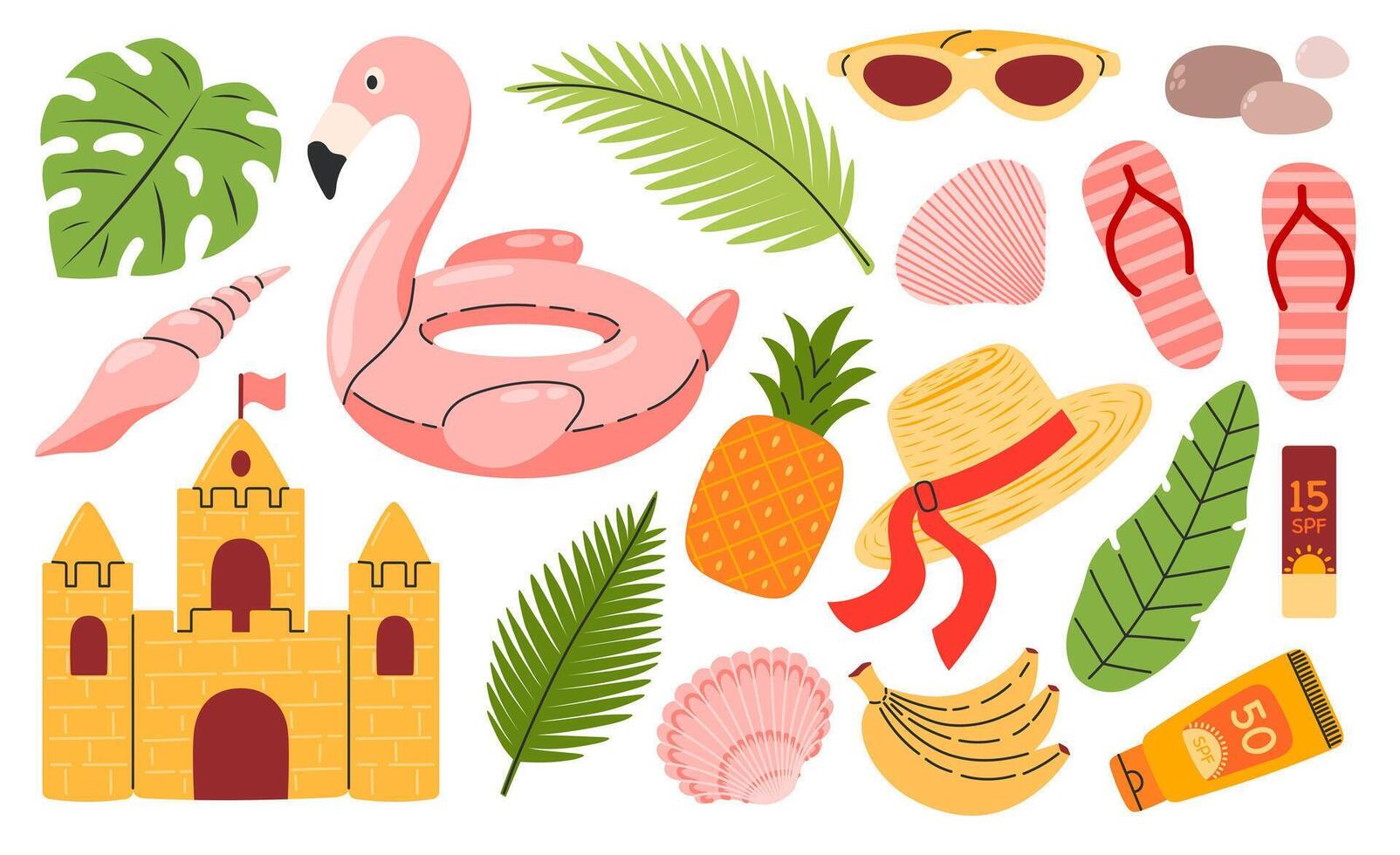 Beach summer elements. Tropical vacation. Travel, beach, summertime accessory. Flamingos, sandcastle, pineapple, tropic leaves, beach accessories. Hand drawn illustration isolated vector