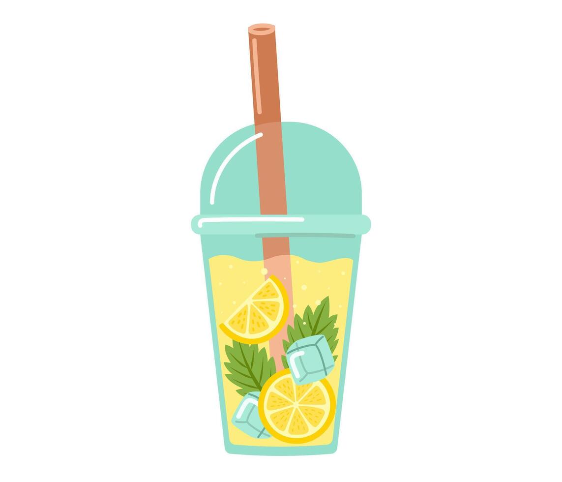 Lemonade. Fresh juicy lemon drink in plastic glass to go, straw, yellow juice, ice cube, mint leaf. Tropic summer cocktail. Hand drawn illustration isolated on white background vector