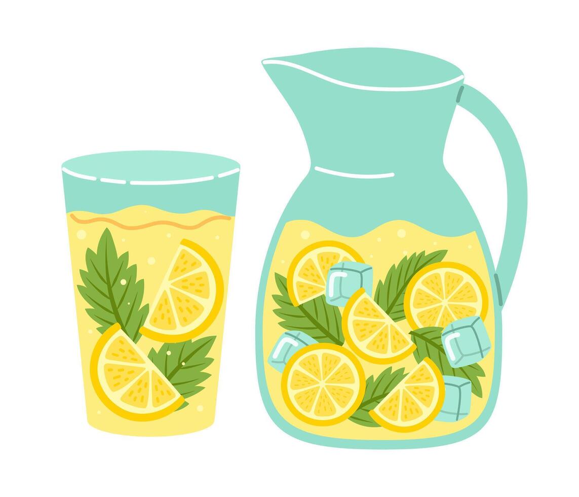 Lemonade. Fresh juicy lemon drink in glass and jug, yellow juice, ice cube, mint leaf. Tropic summer cocktail. Hand drawn illustration isolated on white background vector