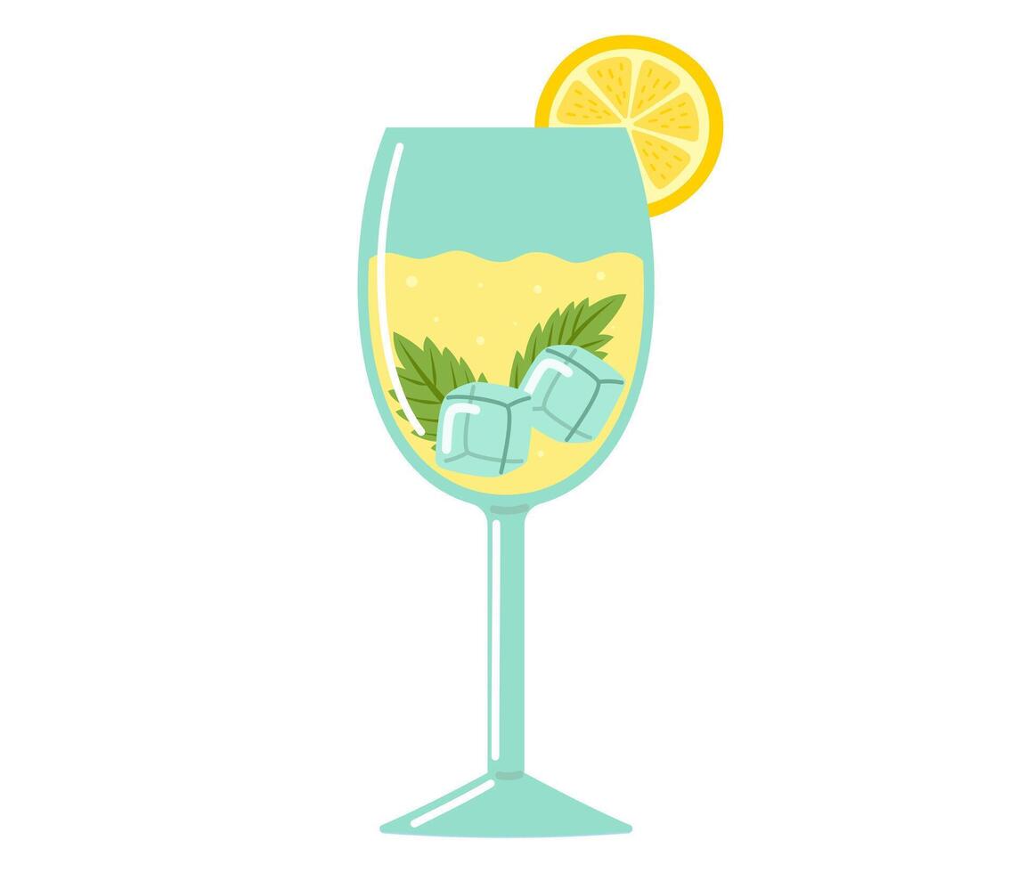 Lemonade. Fresh juicy lemon drink in glass goblet, yellow juice, ice cube, mint leaf. Tropic summer cocktail. Hand drawn illustration isolated on white background vector