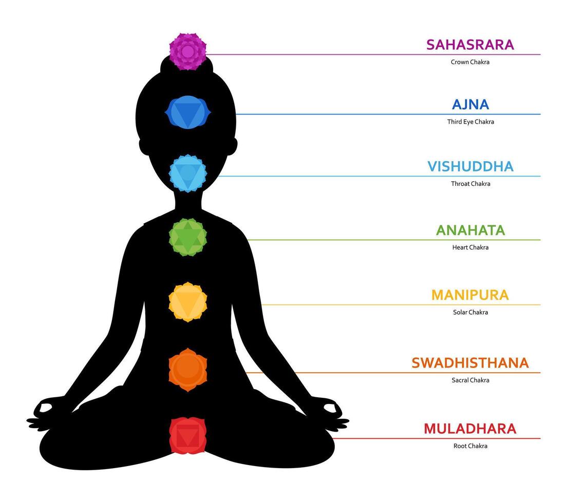 Chakras infographic with icons and titles. Silhouette of woman body in lotus position. Flat illustration isolated on white background vector