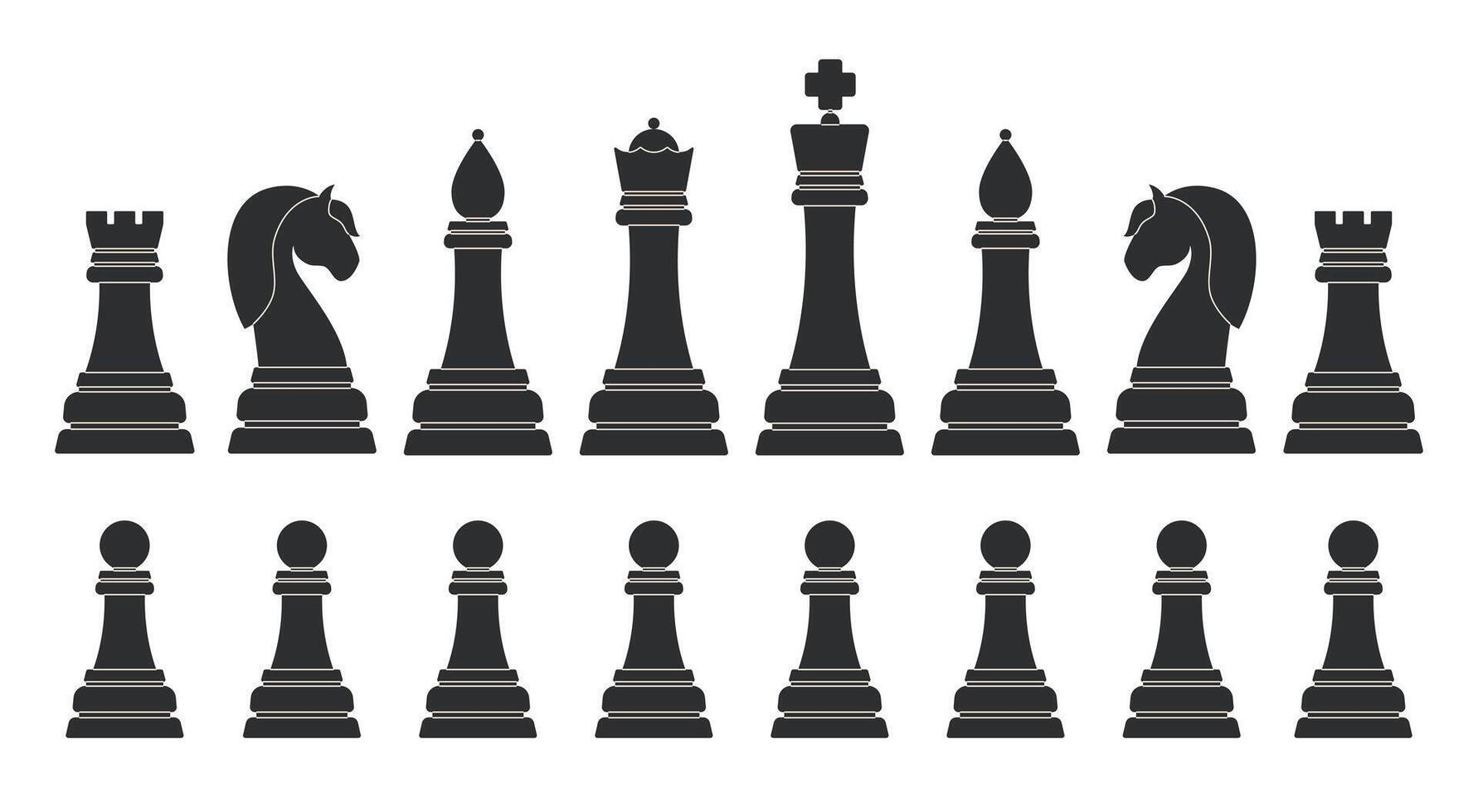 Black Chess pieces. Chess figures set King, Queen, rook, knight, Bishop, pawn. Game for logic and intellect. Flat illustration isolated on white background vector