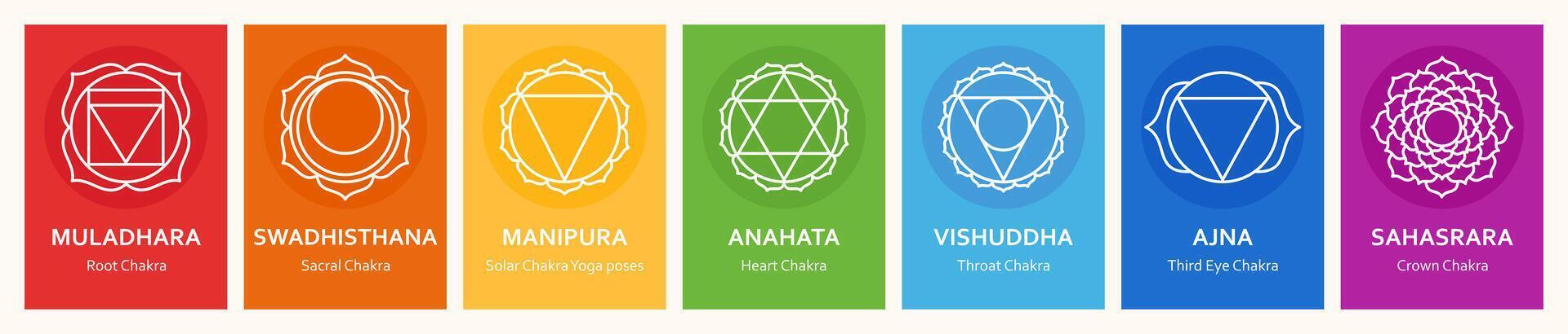 Chakras muladhara, swadhisthana, manipura, anahata, vishuddha, ajna, sahasrara. Basic human chakra system. Root, Navel, Solar plexus, Heart, Throat, Third eye, Crown sign. illustration vector