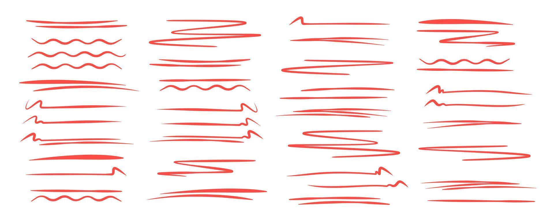 Red highlight line elements. Underline stroke set. Doodle hand drawn emphasize. Collection of Sketch scribble pencil for accentuate, reinforcepen. illustration vector