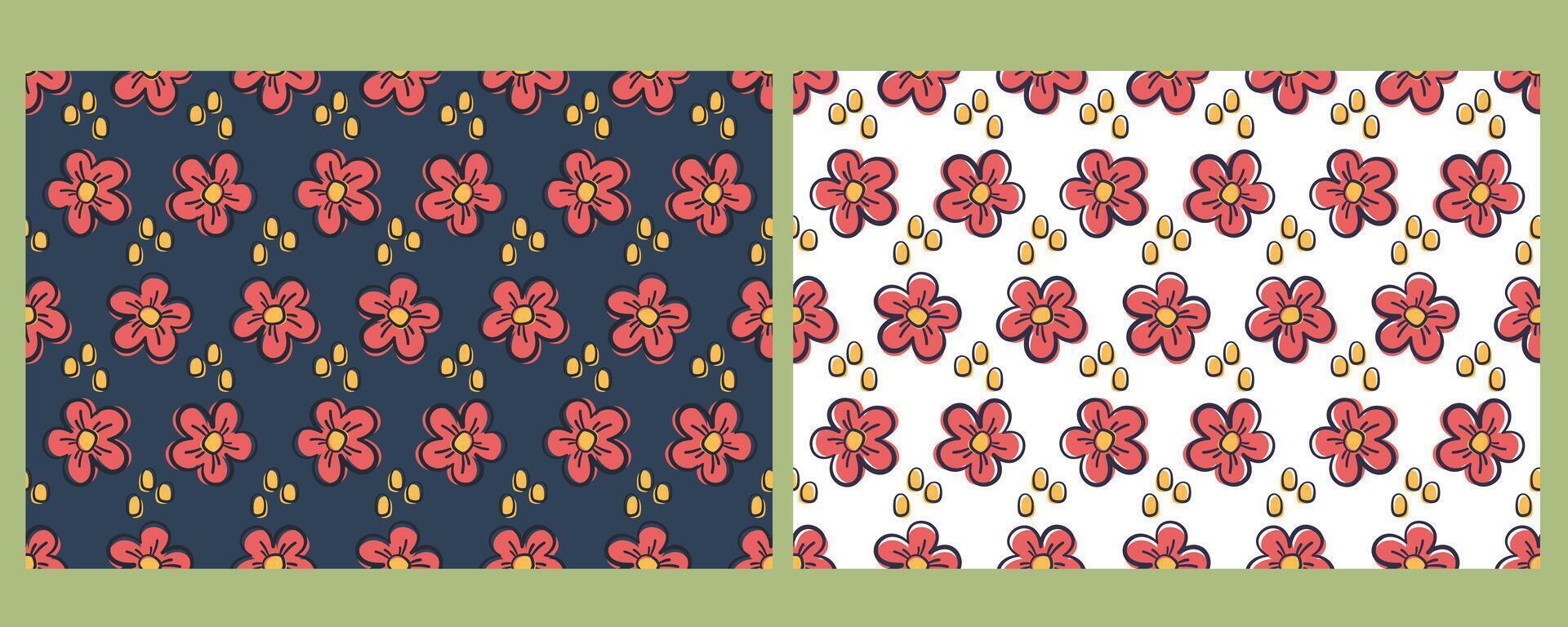 Set of floral seamless pattern. Red meadow wildflowers. Nature background of various botanical elements. Hand drawn doodle Flower elements. illustration vector