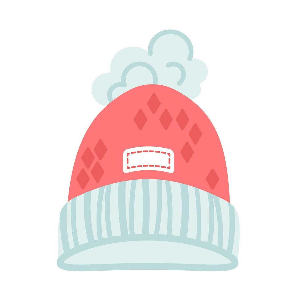 Red Wool hat isolated on white background. Fashion Knitted hat decorated rombus and Fluffy ball. Warm Stylish cap with Fur pompon. Handicraft. Creative hobby concept. illustration vector