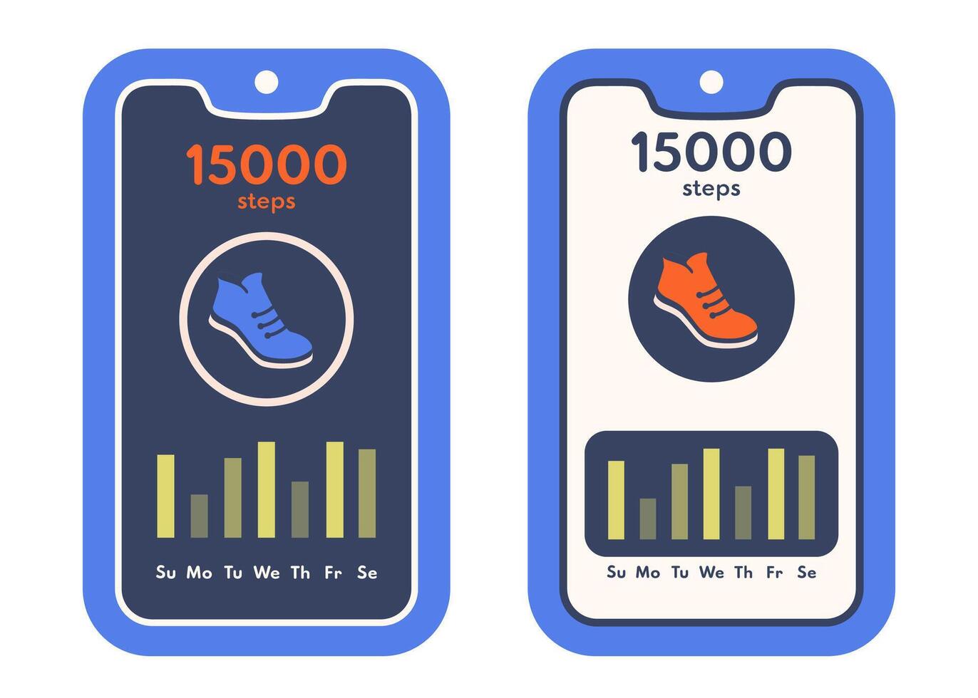 Step tracking. Set of mobile phones with pedometer app. Step counter on Smartphone. Smartphone screen with Activity tracker icon. Notification. Wellness concept. illustration vector