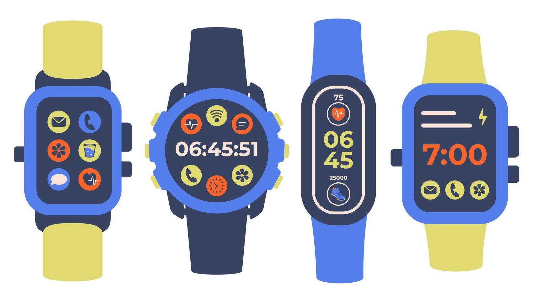 Set of various digital watchs icons. Smart watch isolated. Modern Hand watch with black strap. Circle Smart watch top view. Digital watch with App icons. illustration vector