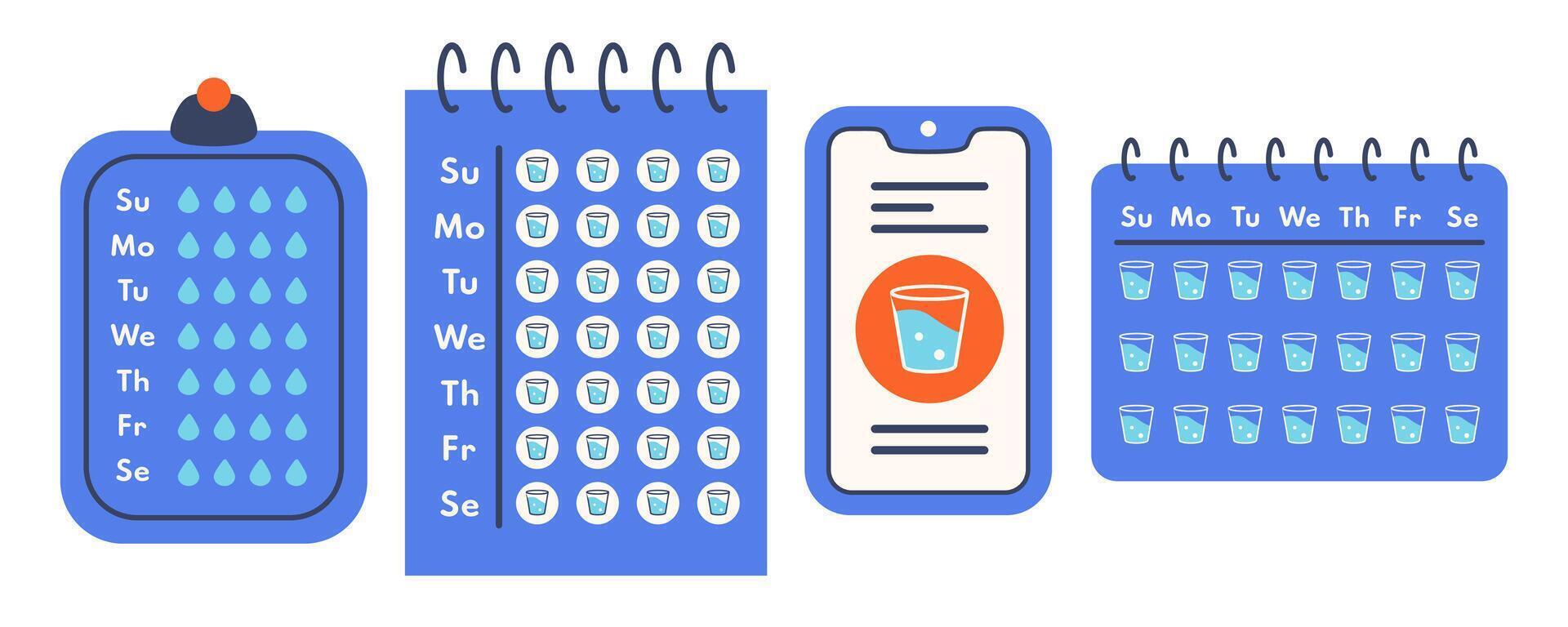 Drink water alert. Daily hydration tracked on smartphone, notebook and notepaper. Notification water balance. Wellness concept. Digital and paper Notes to control daily water routine. vector
