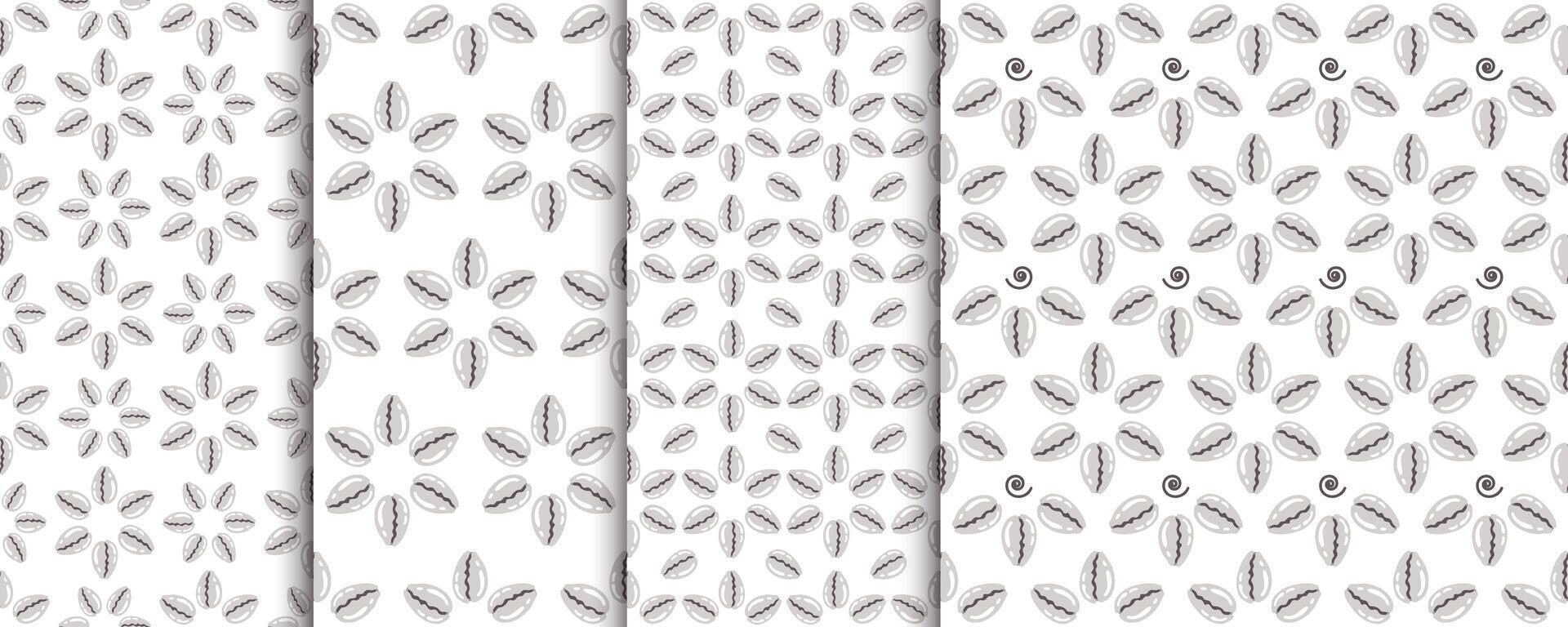 Shellfish seamless pattern Set. Collection of repeat ornaments with sea elements. Various Shells on white background. Snall seashell. flat illustration for wallpaper, textiles, printing vector