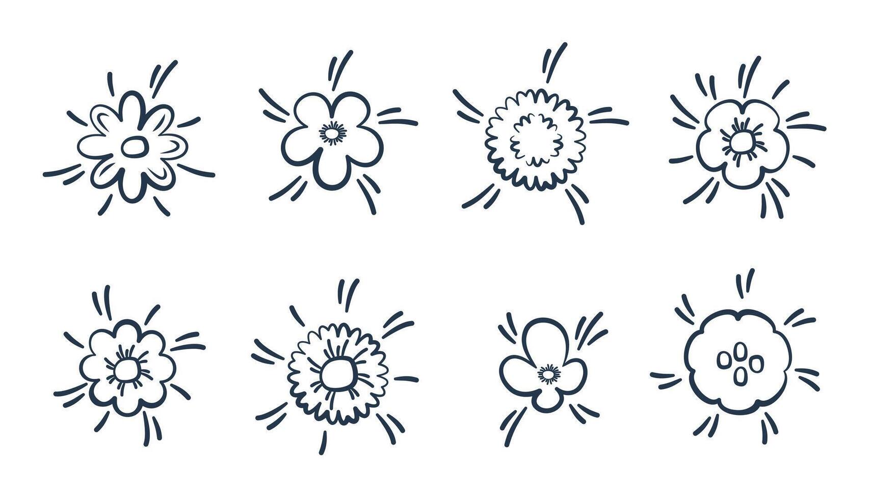 Floral icons. Hand drawn doodle flower set. Simple outline floral elements isolated on white background. Decorative Spring wildflowers. illustration vector
