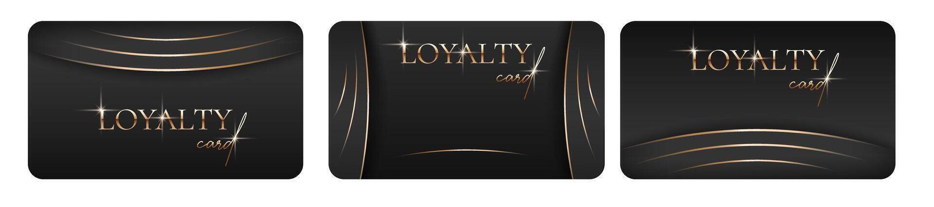 Set of trendy loyalty cards. Elegant Black business cards with golden 3d text, lines. Realistic gold elements. Luxury design. illustration for vip, bonus card, gift certificate, invitation vector