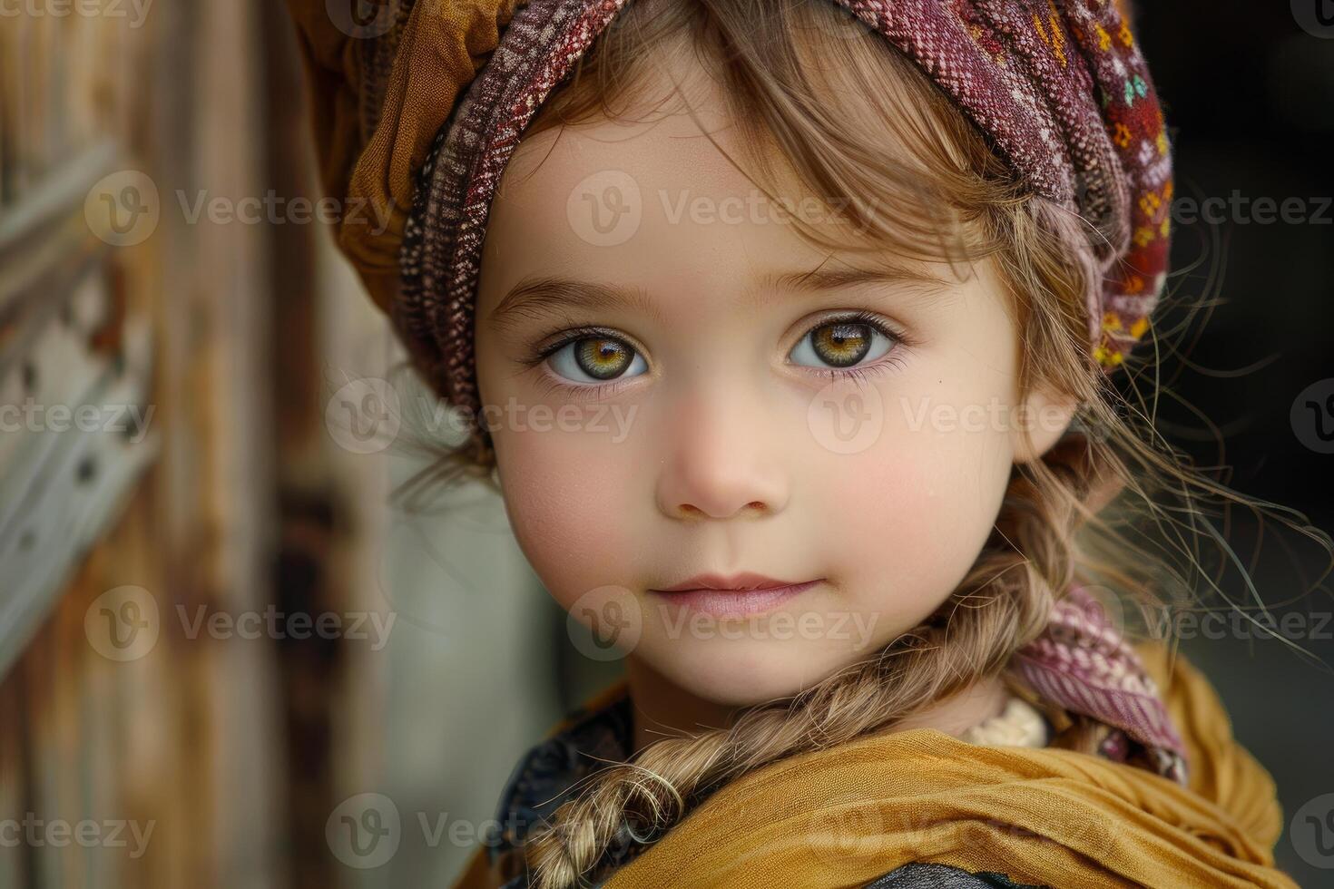 Portrait of adorable little girl wearing headscarf and showing intense gaze photo