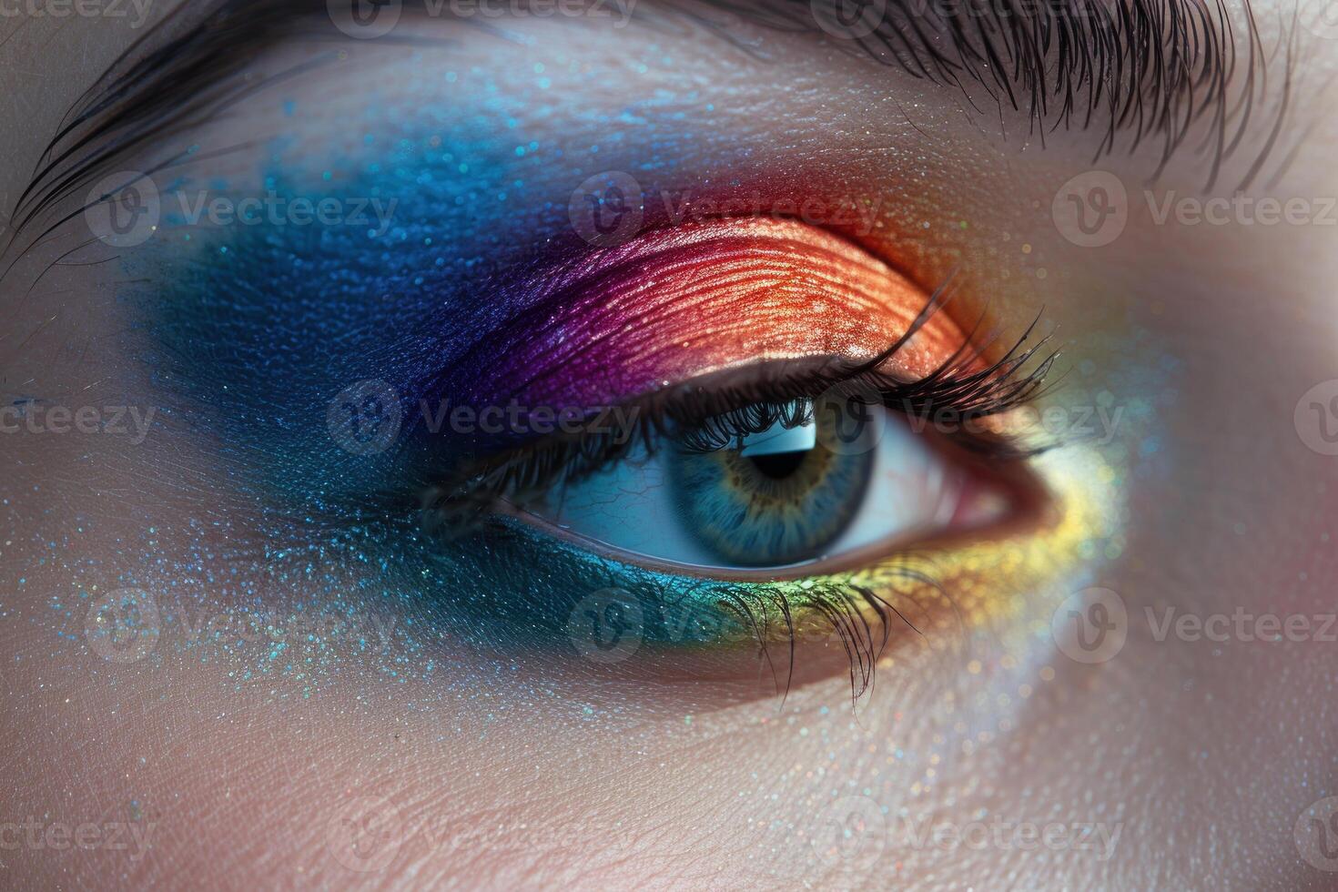 Woman eye makeup showing colorful eyeshadow palette and long lashes photo