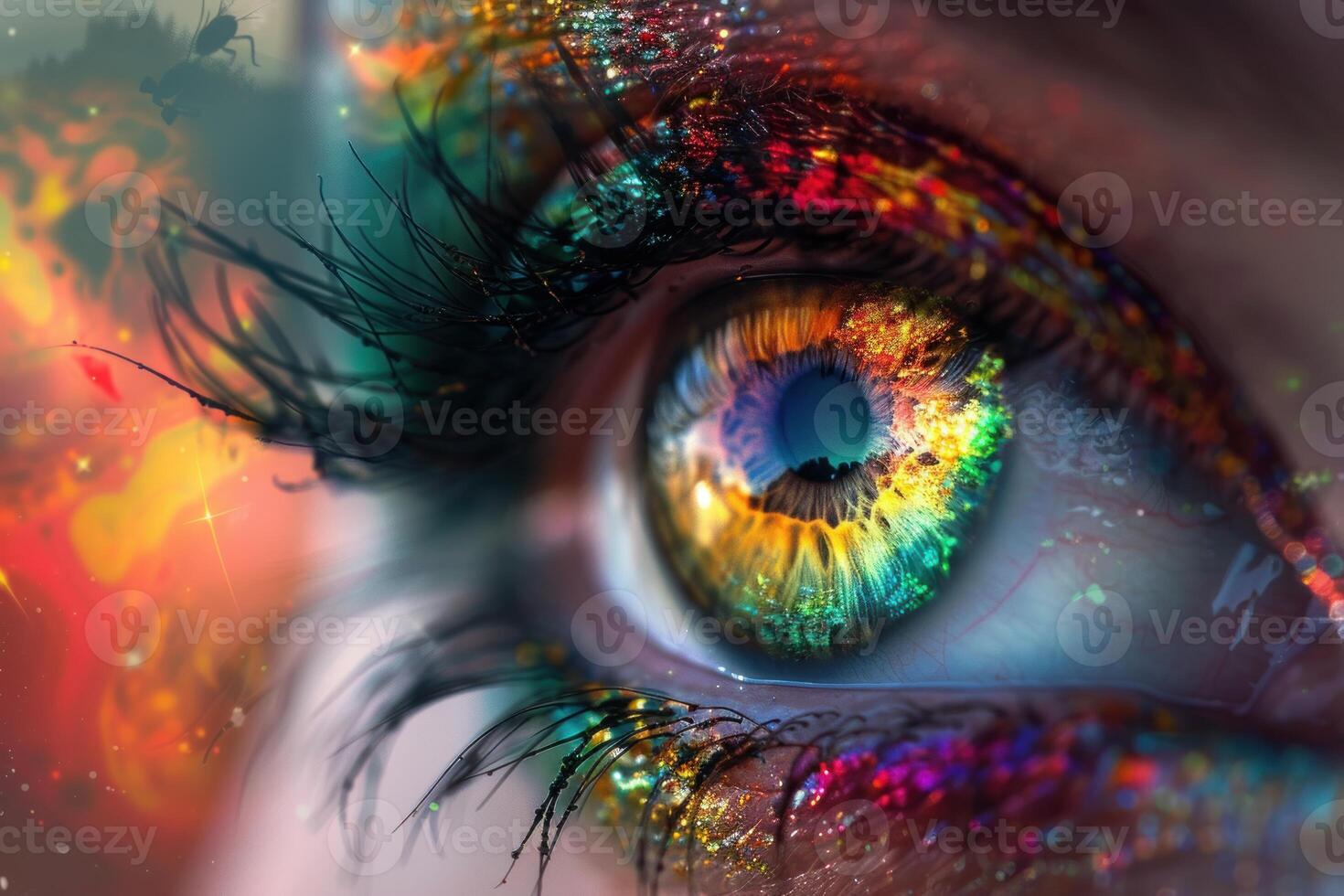 Colorful eye makeup reflecting a universe of vibrant colors photo