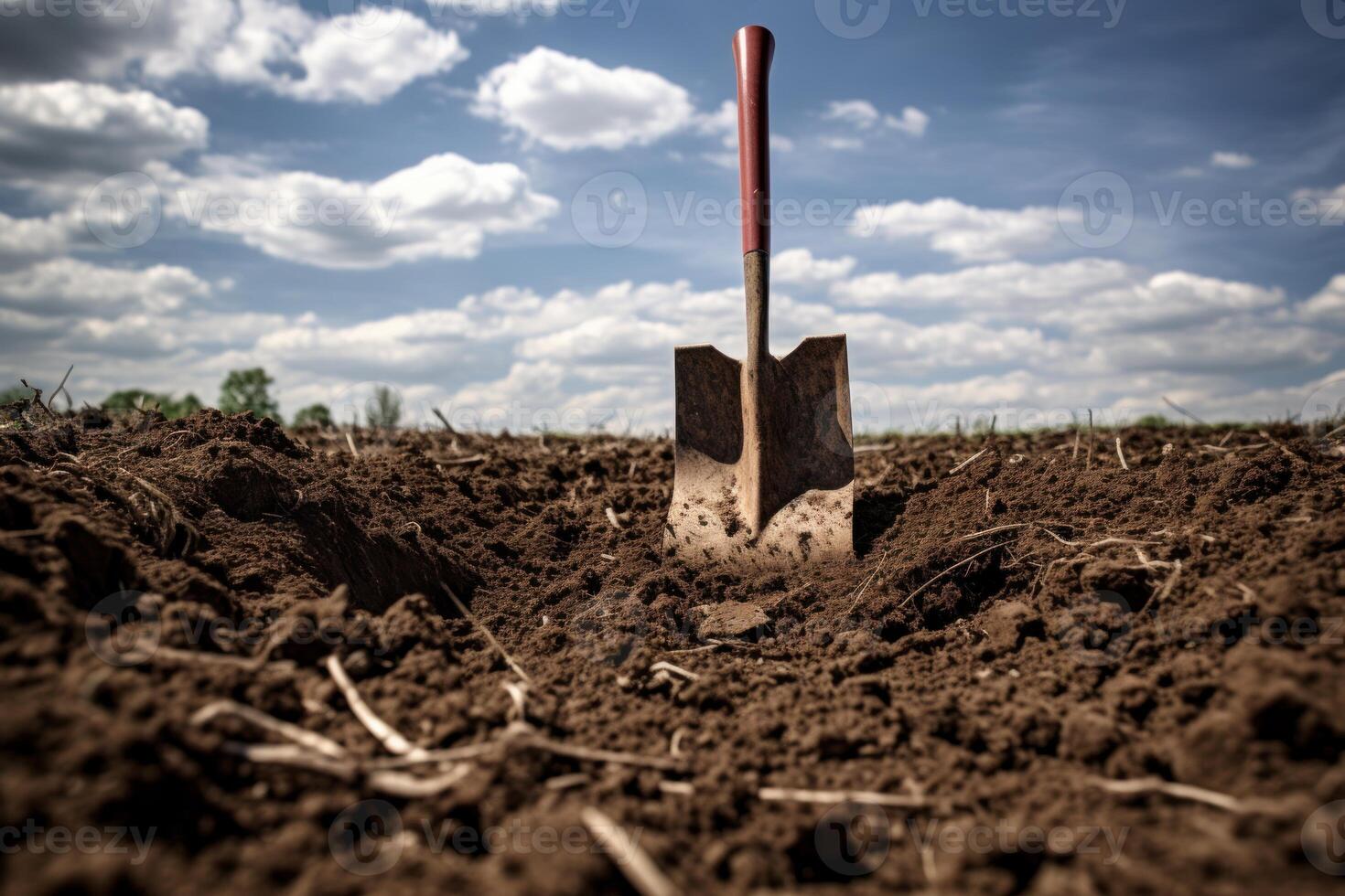 Shovel stuck in the ground in cultivated field under cloudy sky photo