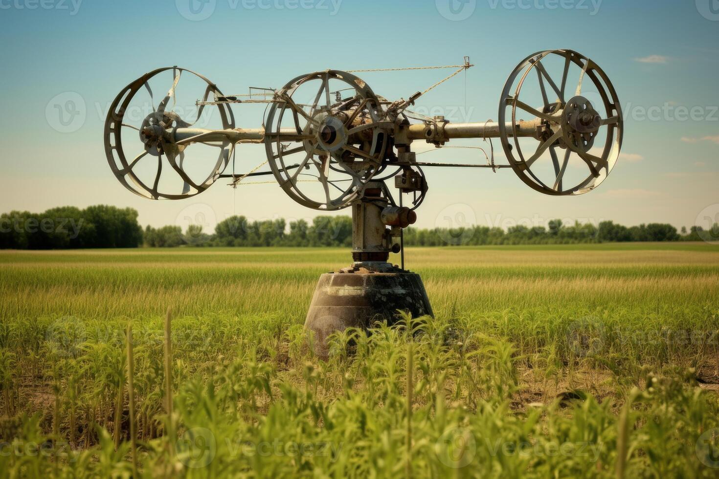 Abandoned irrigation system oxidizing in cultivated field photo