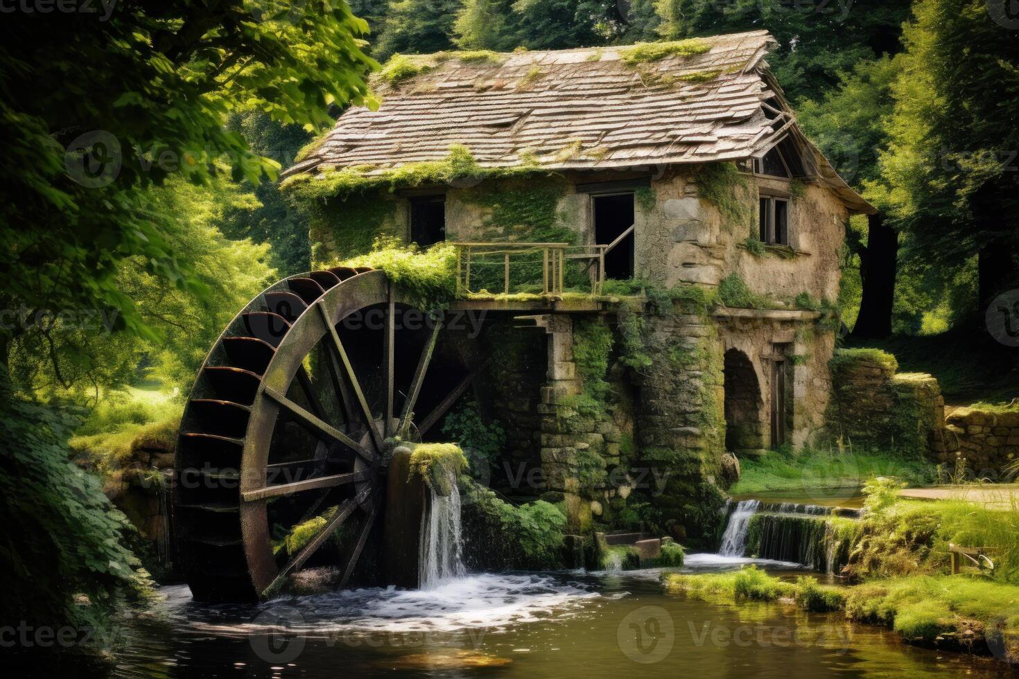 Old watermill generating power in a lush forest setting photo