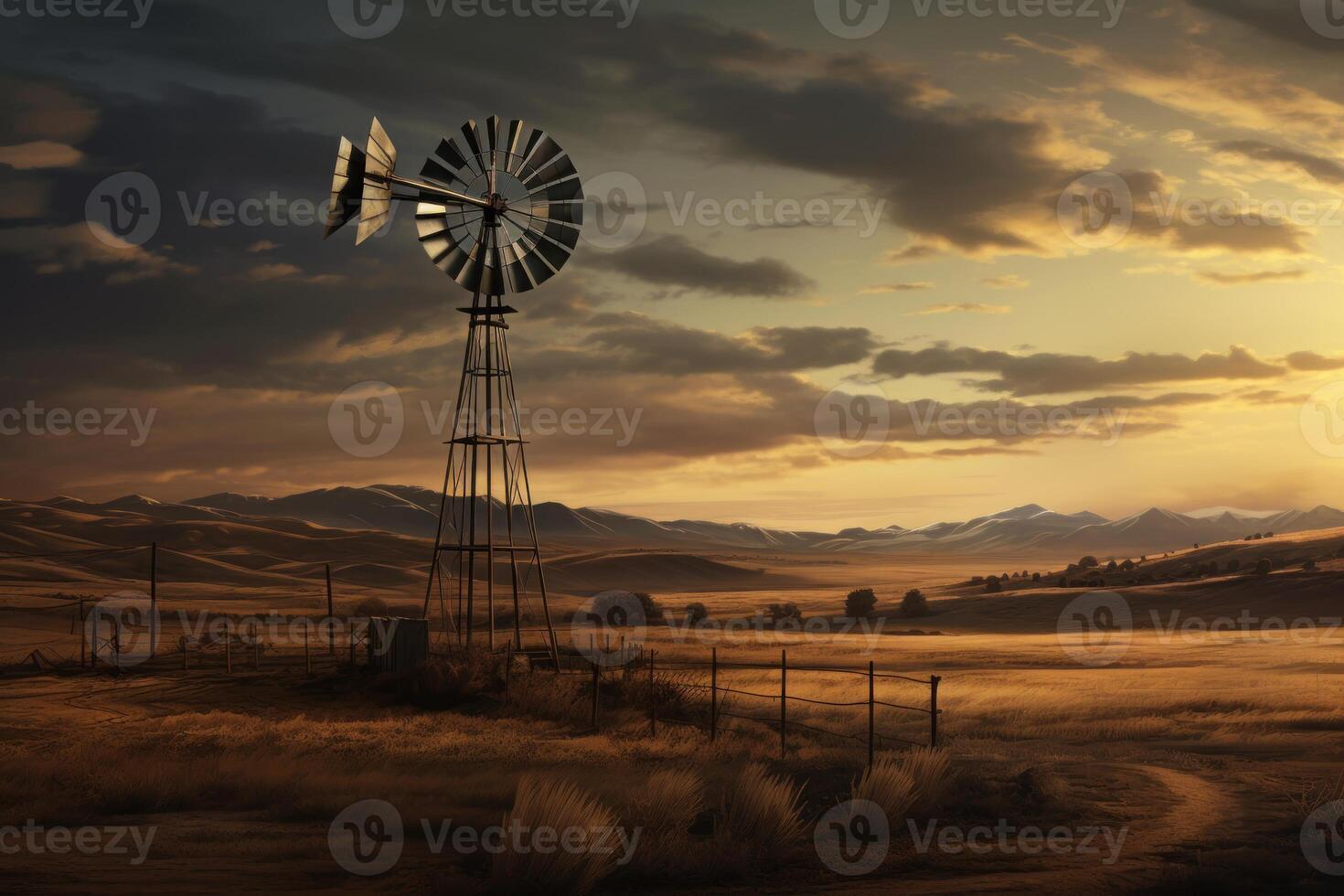 Windmill standing in dry field at sunset in montana ranch photo