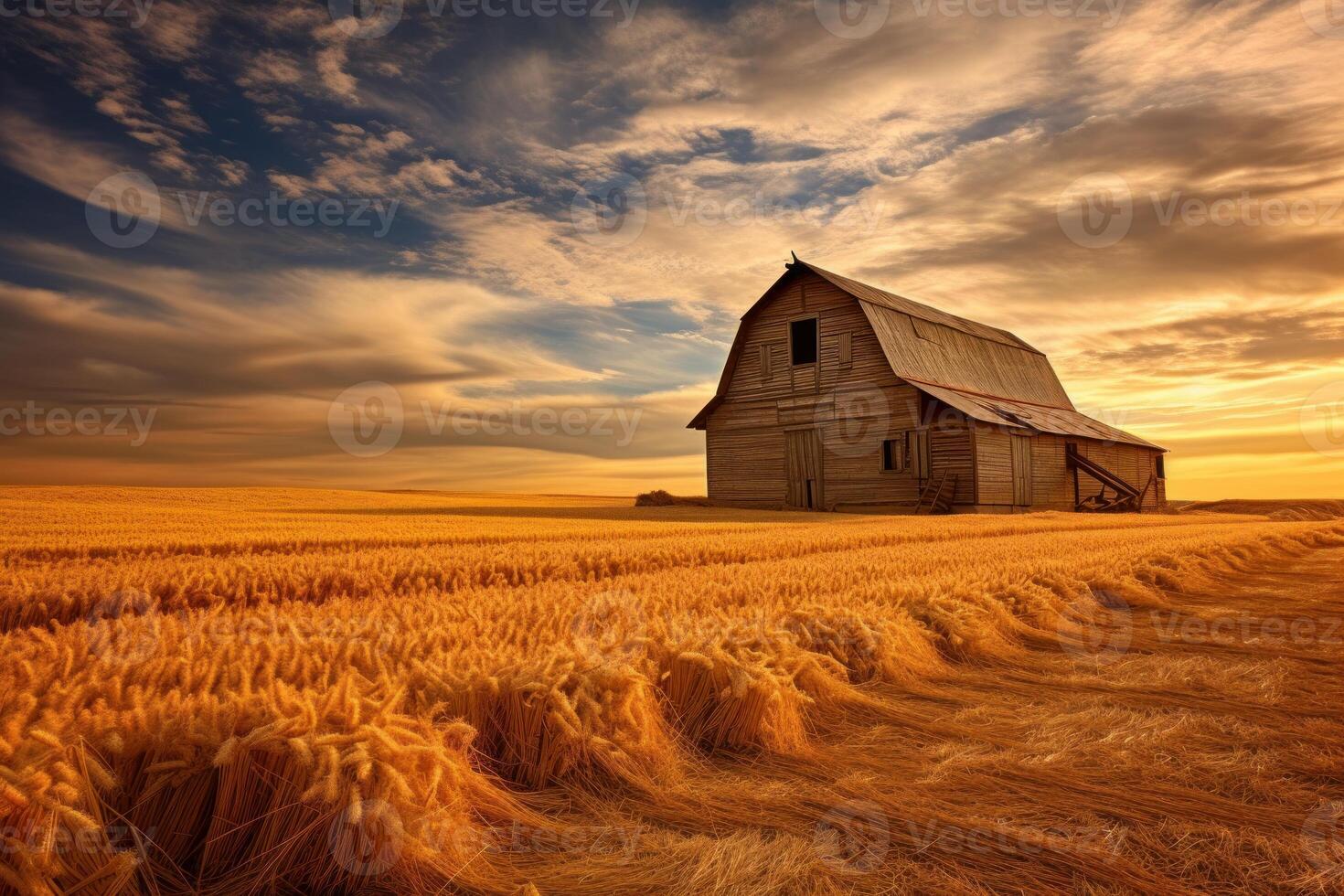 Golden wheat field meeting an old barn at sunset photo