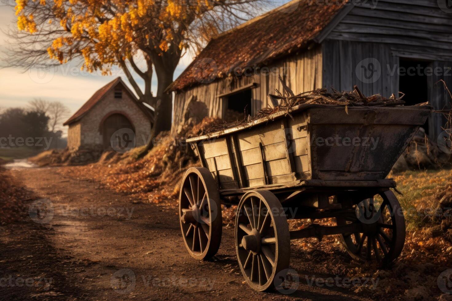 Old wooden cart carrying branches in front of barn in autumn photo