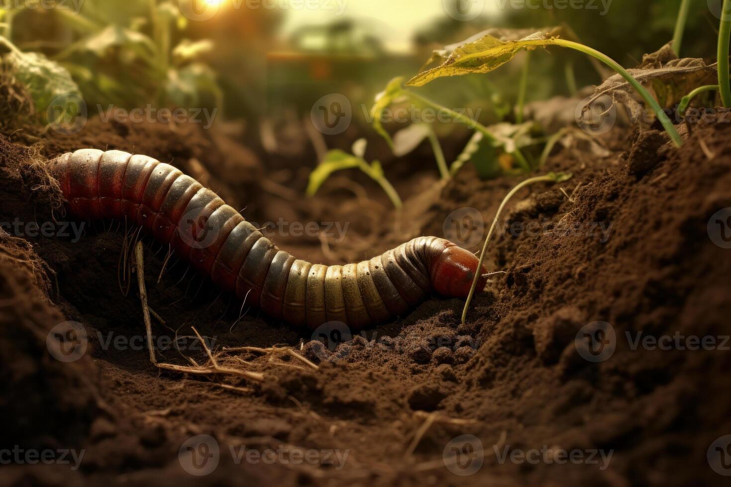 Millipede crawling through dirt in cultivated field at sunset photo